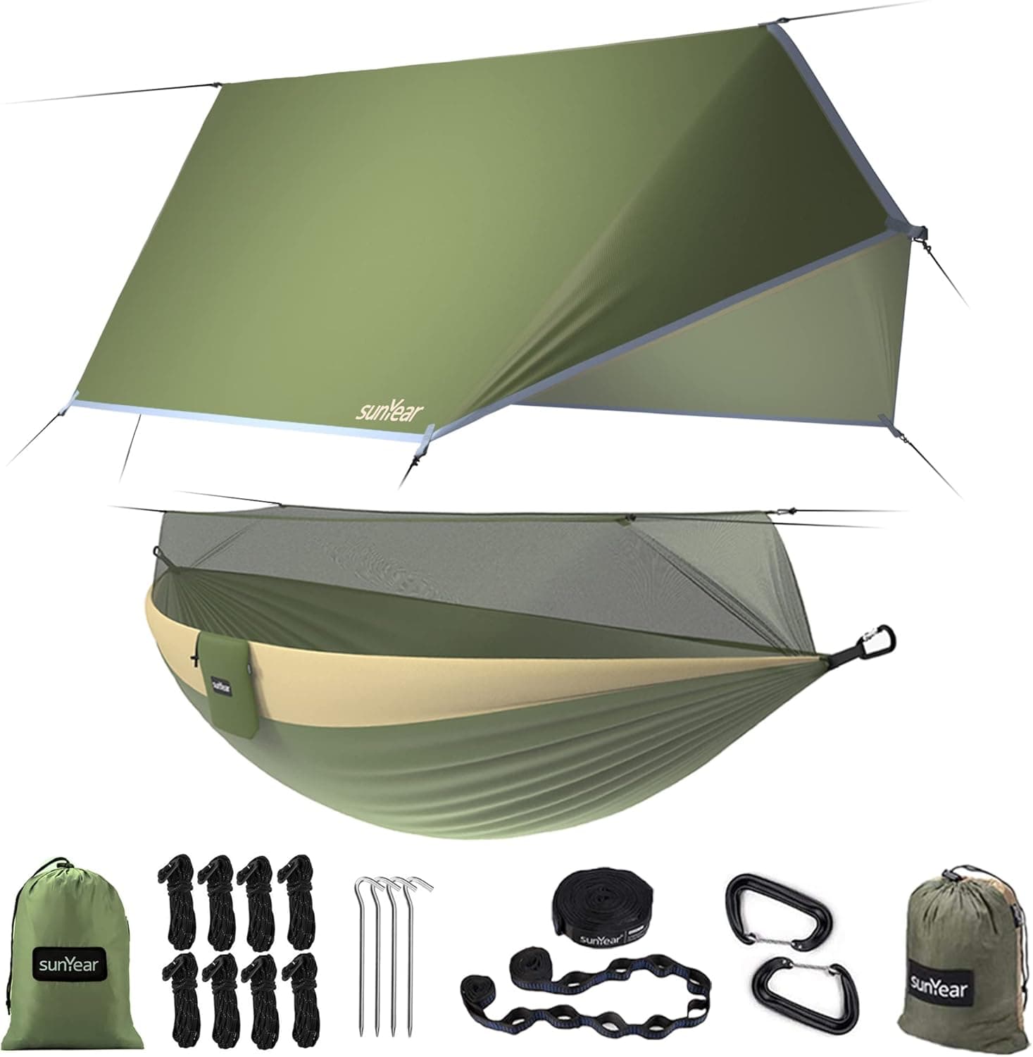 Sunyear Camping Hammock, Portable Double Hammock with Net, 2 Person Hammock Tent with 2 * 10ft Straps, Best for Outdoor Hiking Survival Travel