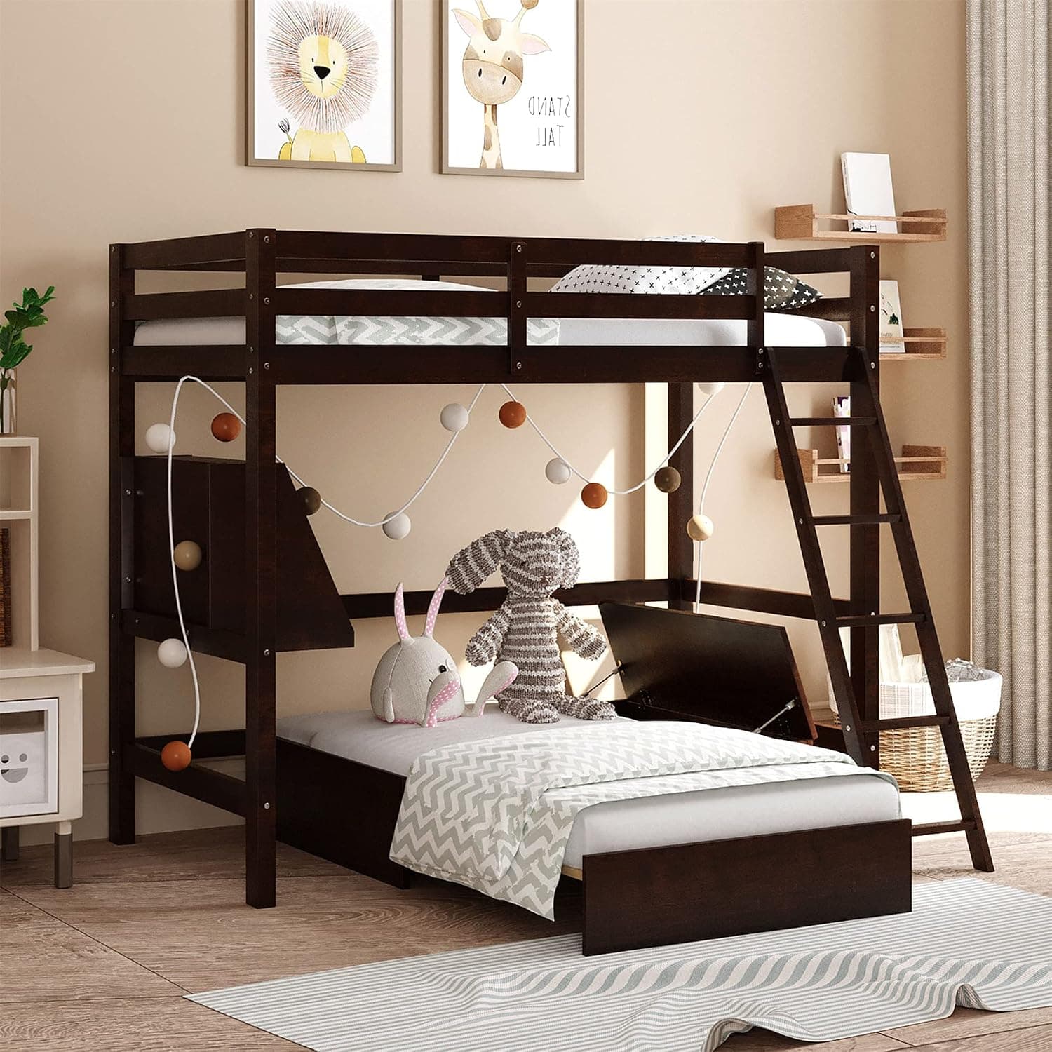 Harper & Bright Designs Twin Loft Bed with Convertible Lower Bed, Wood Twin Over Twin Bunk Bed Frame with Storage Drawer and Shelf, Multifunctional Loft Bed for Kids Teens Adults (Espresso)