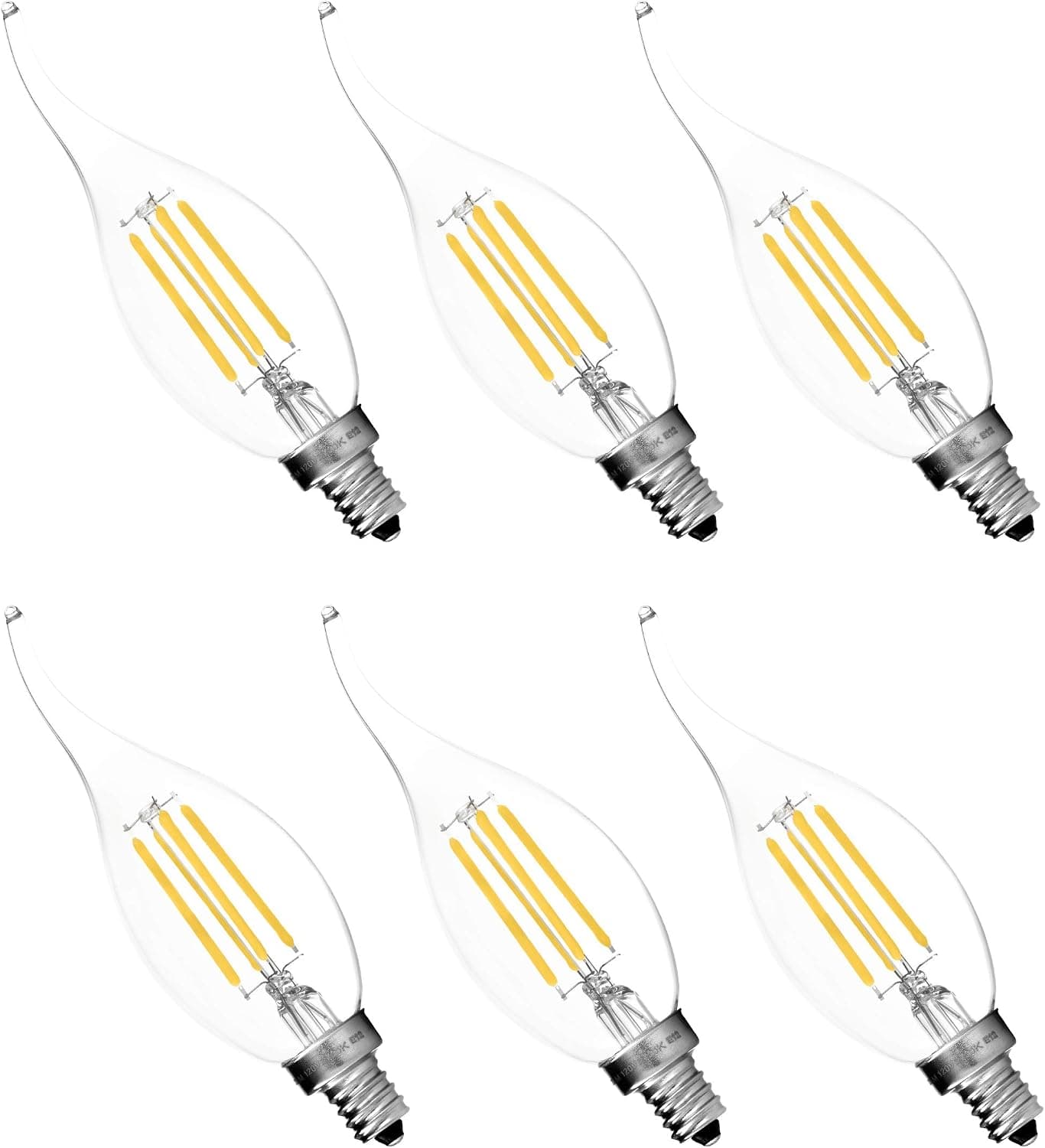 Hyperikon LED Edison Filament Candle 4-Watt (40-Watt Equivalent), Dimmable, Flame Tip, Small Base (E12), 2300K (Amber Glow), 340°-Beam Angle - (Pack of 6)