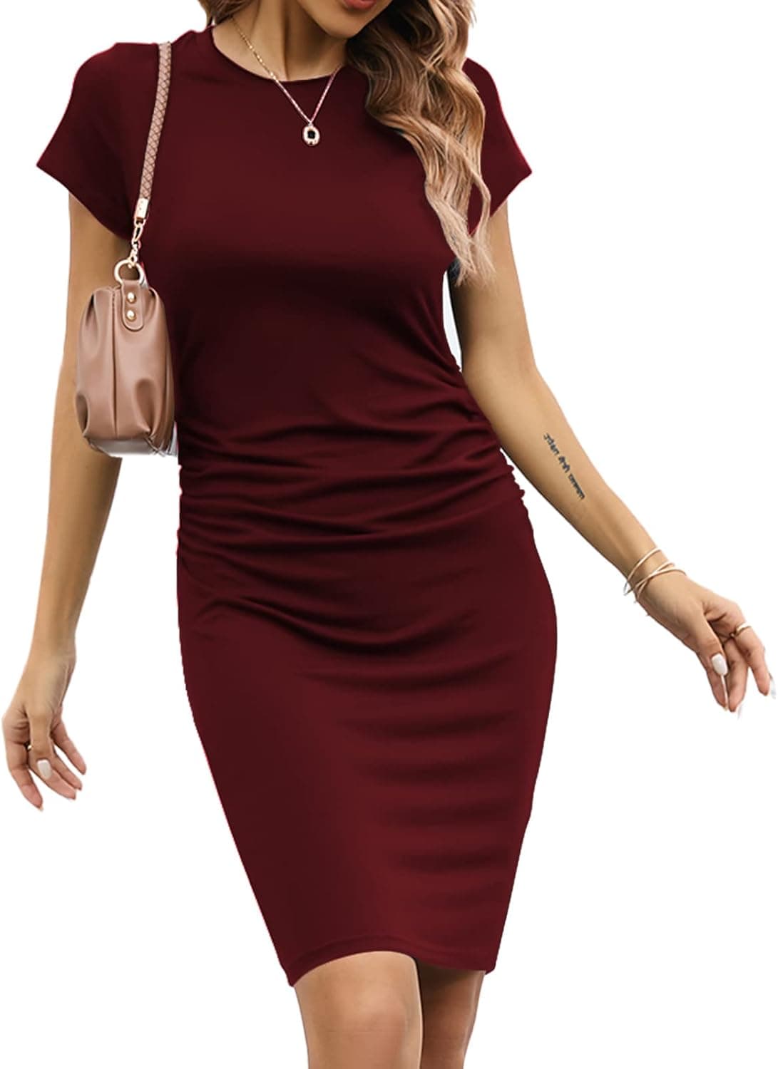 Kancystore Womens Casual Short Sleeve Ruched Bodycon Dresses Fitted Midi T Shirt Dress