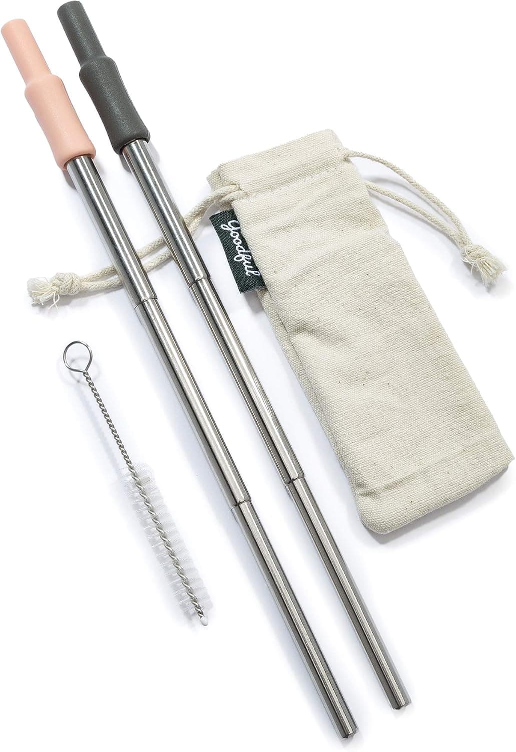 Goodful Stainless Steel Collapsible Telescoping Straws With Silicone Tips, Portable and Reusable Straw Set with Carry Bag and Cleaning Brush, 2 Pack, Teal and Blue