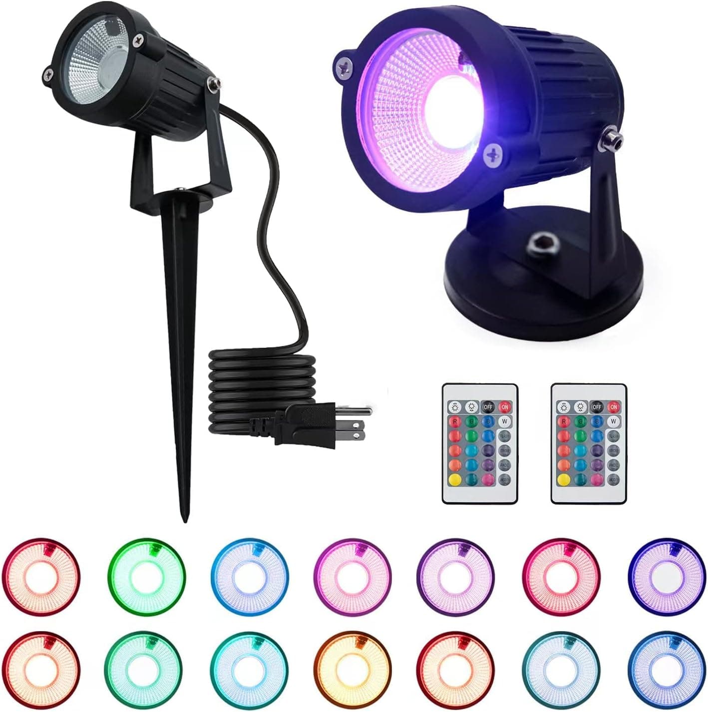KANESIKI LED Spotlights Indoor Outdoor, RGB Landscape Accent Lights with Remote, Color Changing Plug in Plants Decor Lights, Waterproof Ground Spot Lights for Garden Pathway Patio Yard Trees