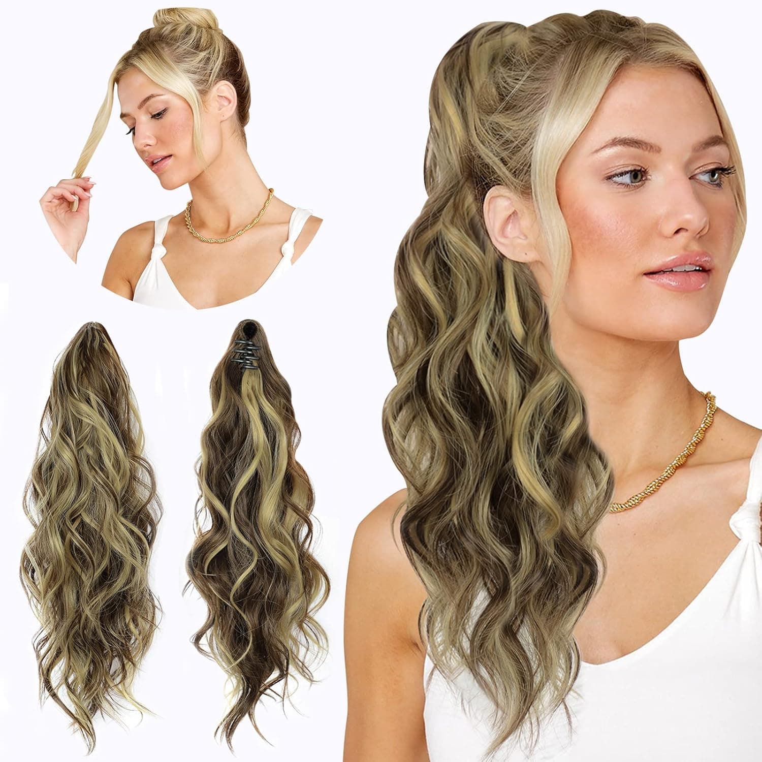 ALXNAN Wavy Claw Clip In Ponytail Hair Extensions Synthetic Fluffy Hairpiece for Women Daily Use 20 Inch Ash Blonde Mix Brown