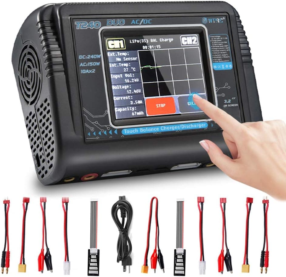 LiPo Charger RC Car Battery Charger Touch Screen Dual Balance Charger Discharger AC 150W DC 240W 10A for Li-ion Life NiCd NiMH LiHV PB Smart Battery