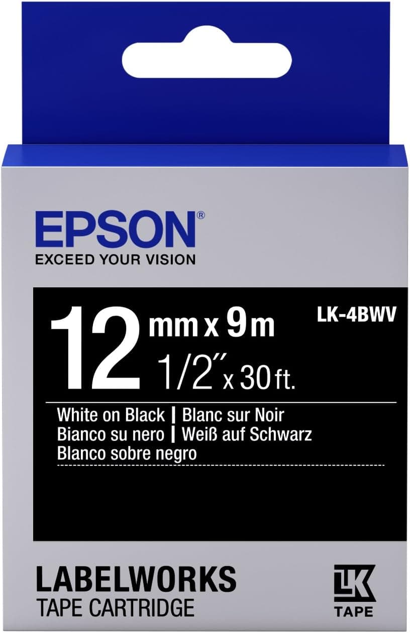 Epson LabelWorks Standard LK (Replaces LC) Tape Cartridge 1/2" White on Black (LK-4BWV) - for use with LabelWorks LW-300, LW-400, LW-600P and LW-700 Label Printers