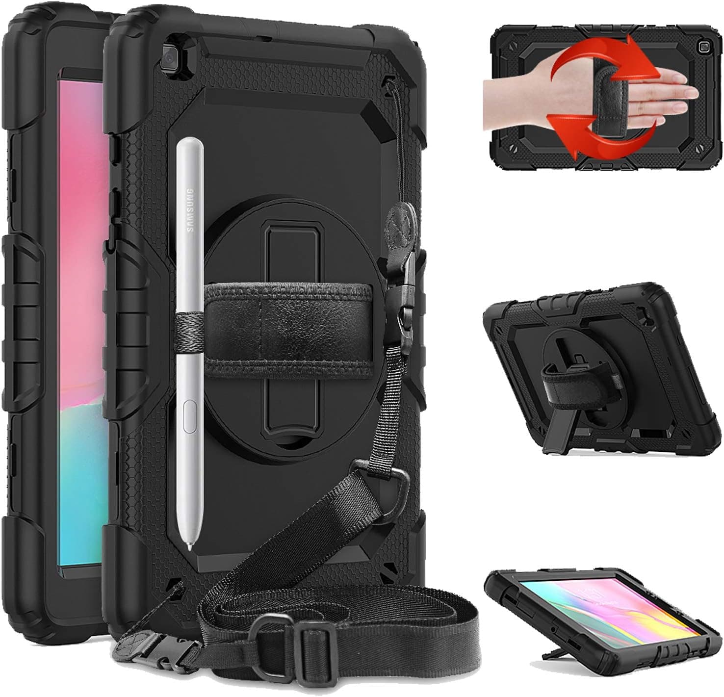 Galaxy Tab A 8.0 Case SM-T290/SM-T295 2019 Release,STLDM Full Body Heavy Duty Case with Built-in Screen Protector,Rotating Stand,Hand Strap and Shoulder Strap for Samsung Galaxy Tab A 8.0 Black
