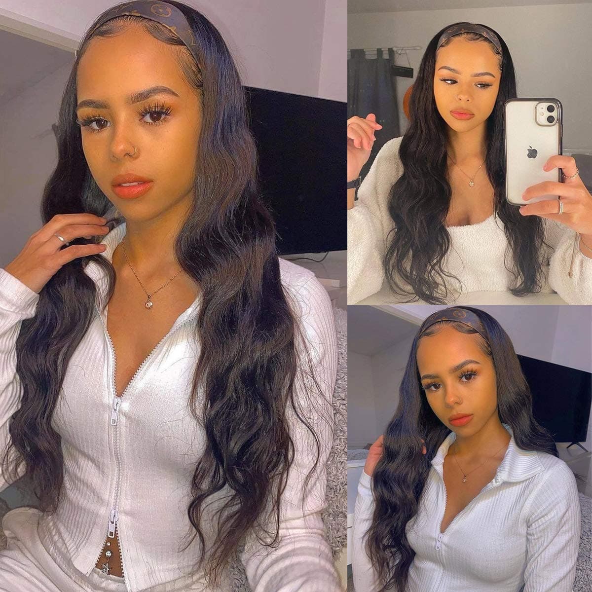 Headband Wigs Body Wave Human Hair Wigs 14 inch with Headband Attached for Women Glueless Easy to Wear 150% Density Full Machine Made Wig Brazilian Virgin Human hair None Lace Front Hair Wigs