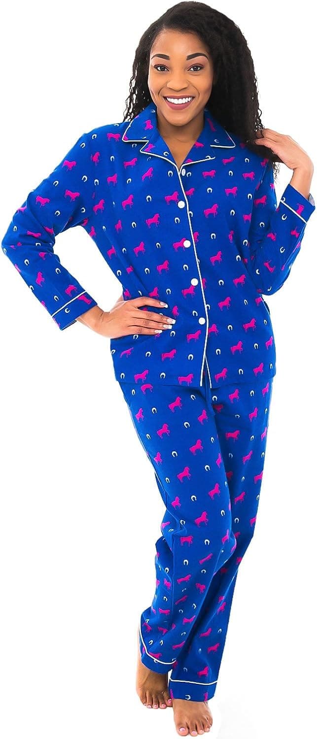 Alexander Del Rossa Women's Warm Flannel Pajama Set, Long Button Down Cotton Pjs, 2X Pink Horses on Blue with Horseshoes (A0509Q722X)