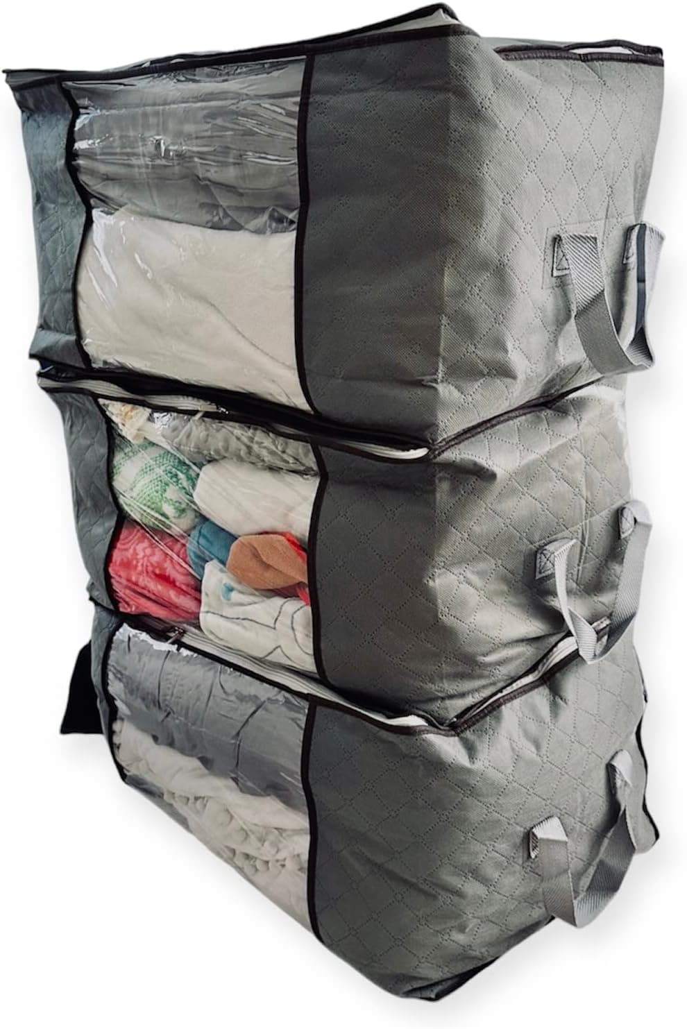 Clothes Storage Bins, Foldable Blanket Storage Bags with Lids & Handle, Closet or Underbed Organizer Containers, Grey, 90L, 3 PCS