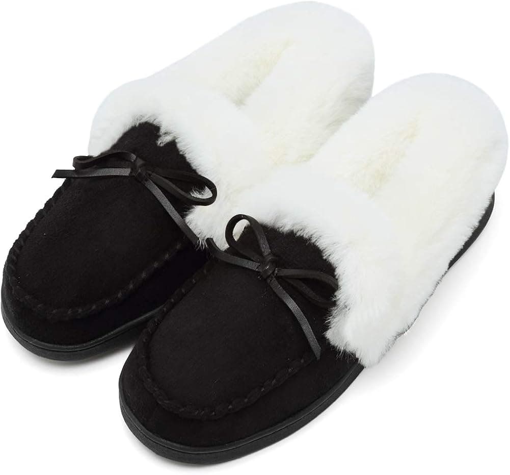 FANTURE Women’s House Slippers Moccasins Slip On Micro Suede Faux Fur Lined Indoor & Outdoor-U418WMT009-black-40