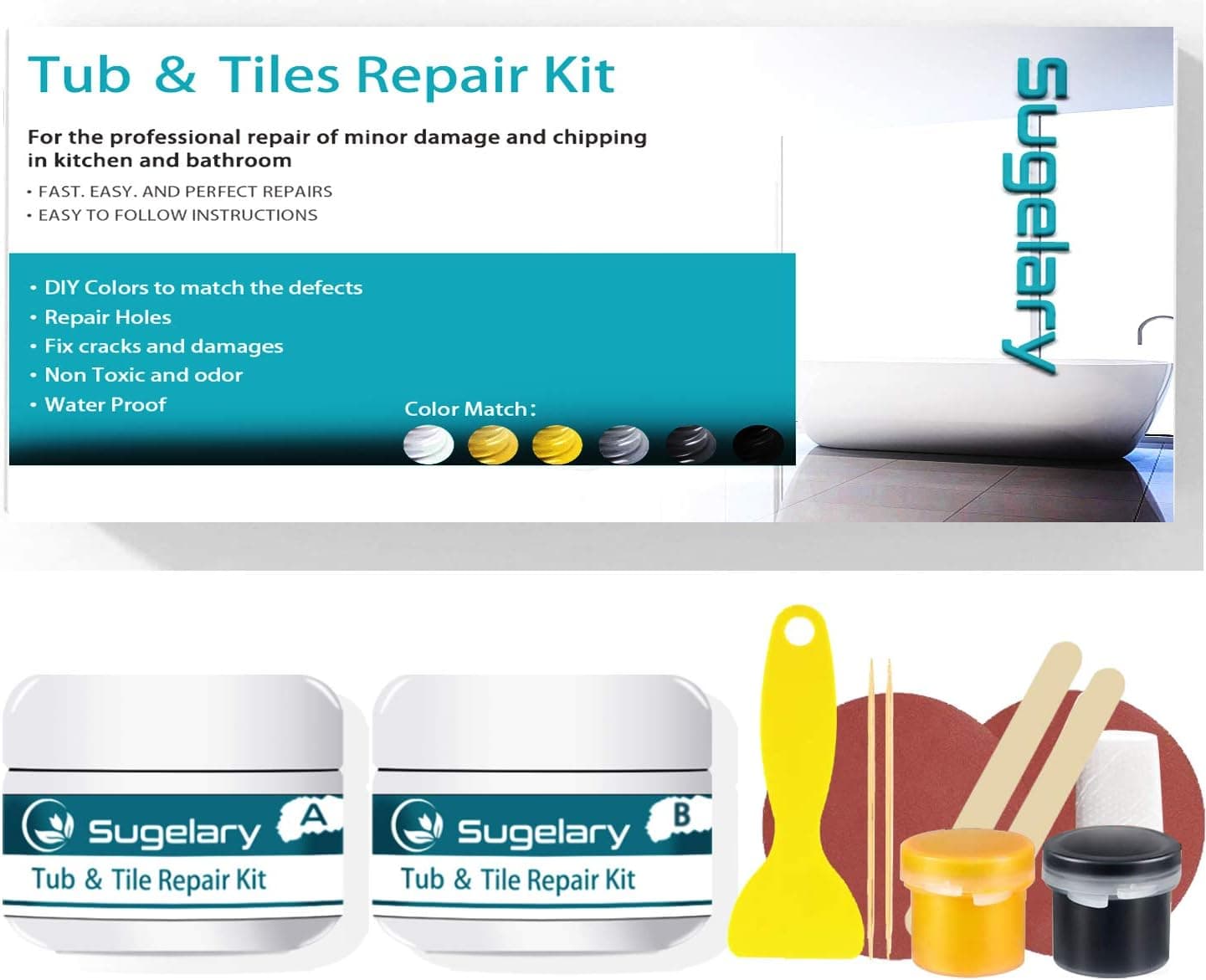 Tub, Tile and Shower Repair Kit (Color Match), Fiberglass Repair Kit, Porcelain Repair Kit for Tubs, Ceramic Toilet Fiberglass Stone Chips Scraps Drill Holes Repair Tub and Tile Refinishing Set