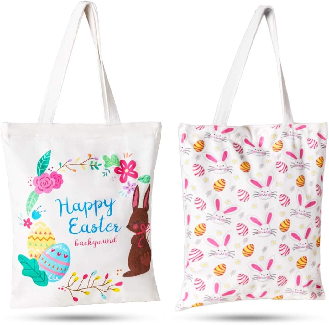 Simind Easter Bunny Large Tote Bag Rabbit Reusable Cotton Canvas Tote Bag, Easter Gift Bag Egg Hunts Carry Basket Handbag for Easter Party,School,Daily Use，2 Pack，15.7" x 13"