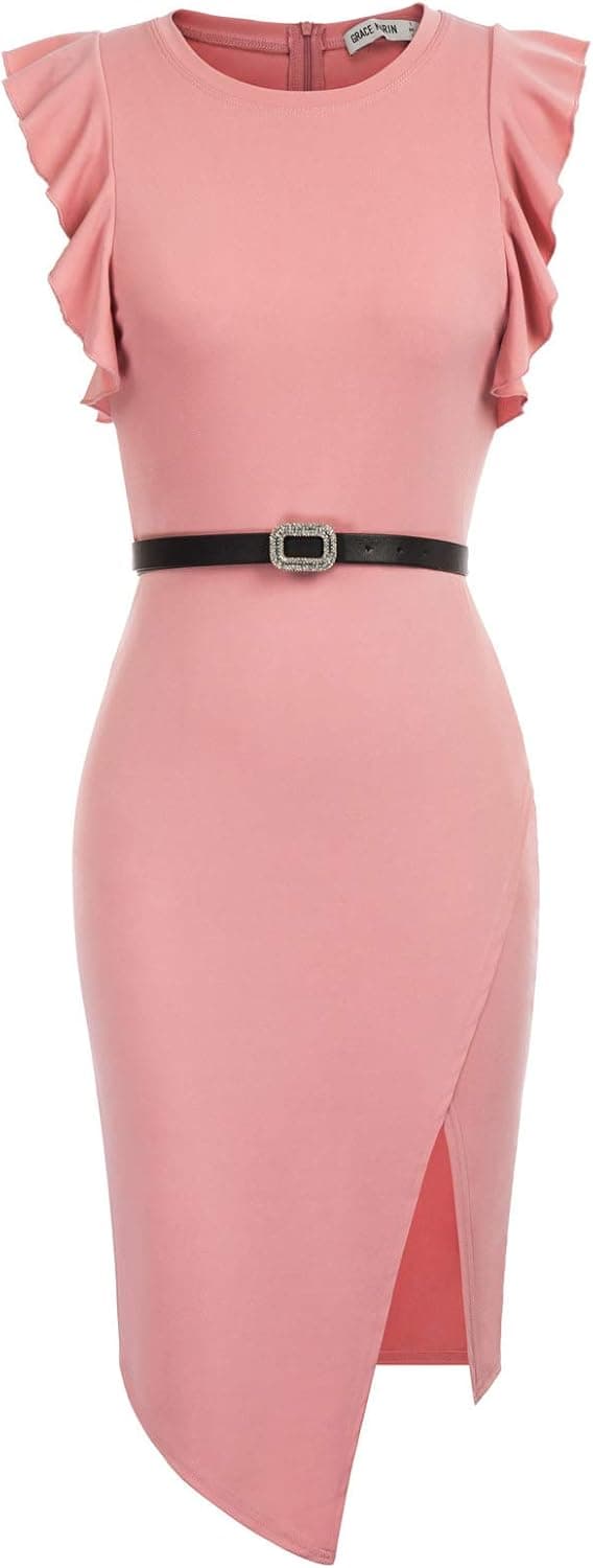 Summer Dress for Women Midi Pencil Dresses Wrap Bodycon with Slit for Wedding Guest(Pink XXL)