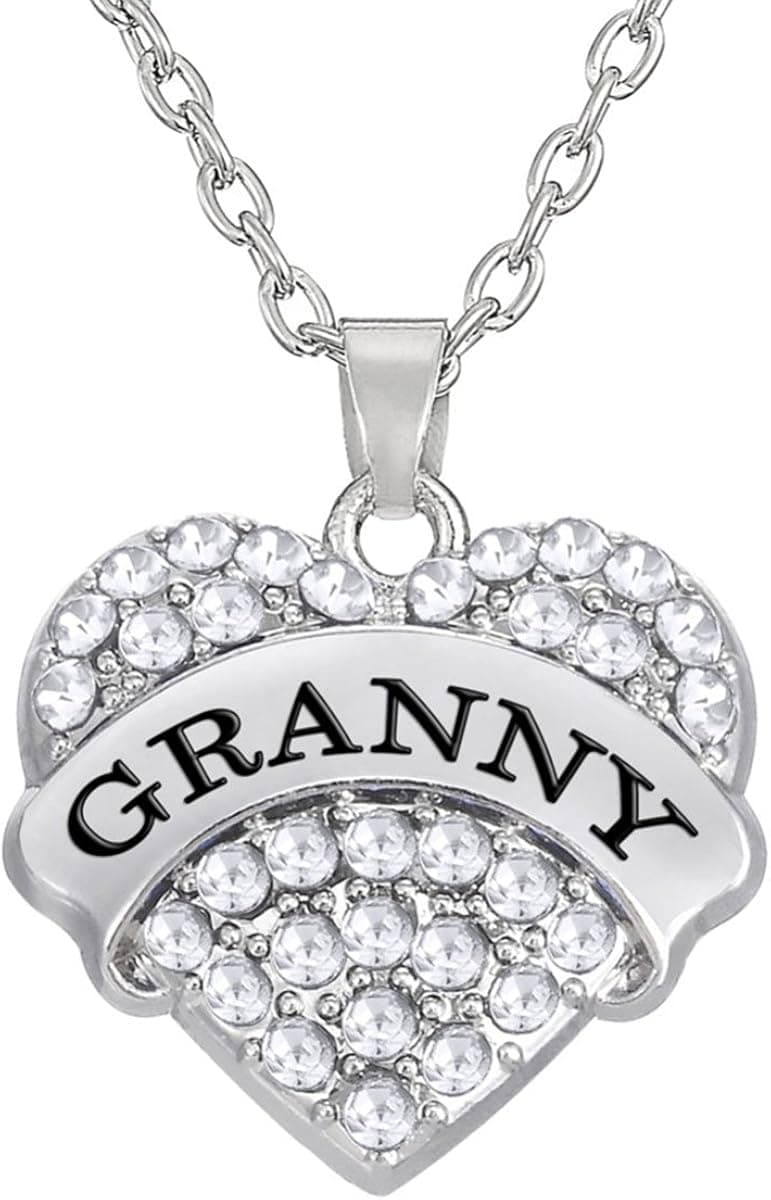 Kebaner Granny Pendant Necklace Family Love Heart Jewelry Gifts for Women Silver Crystal