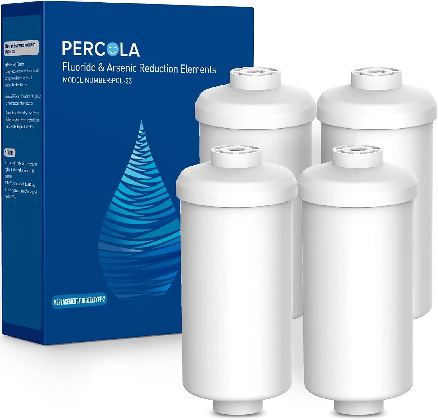 PERCOLA PF-2/K5366 Fluoride and Arsenic Water Filter Replacement, Compatible with Berkey, ProOne, Doulton Series Gravity-Fed Filtration System (4 Pack)