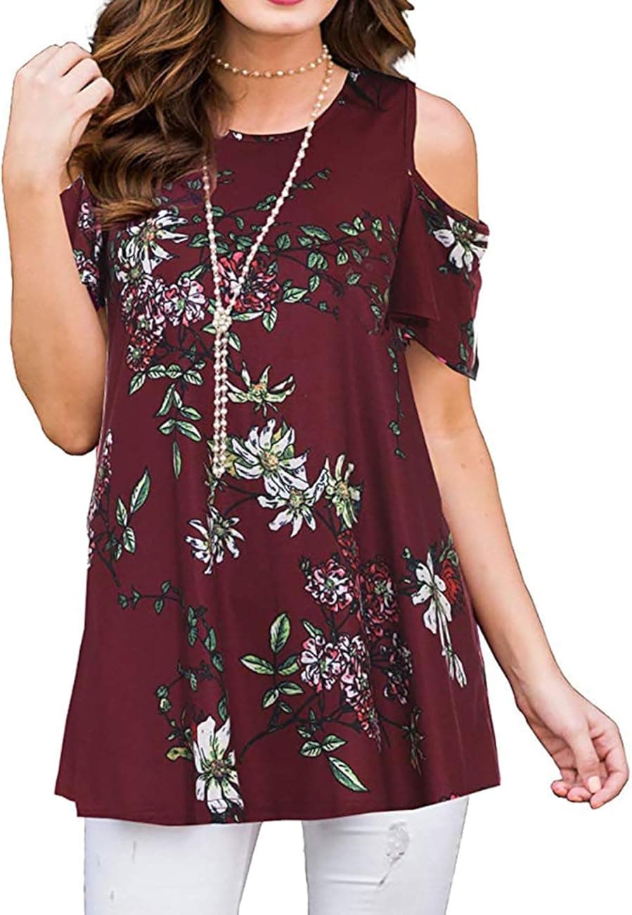 Womens Summer Cold Shoulder Shirts Casual Loose Short Sleeve Floral Printed Tunic Blouse Tops (Small, Wine Printed)