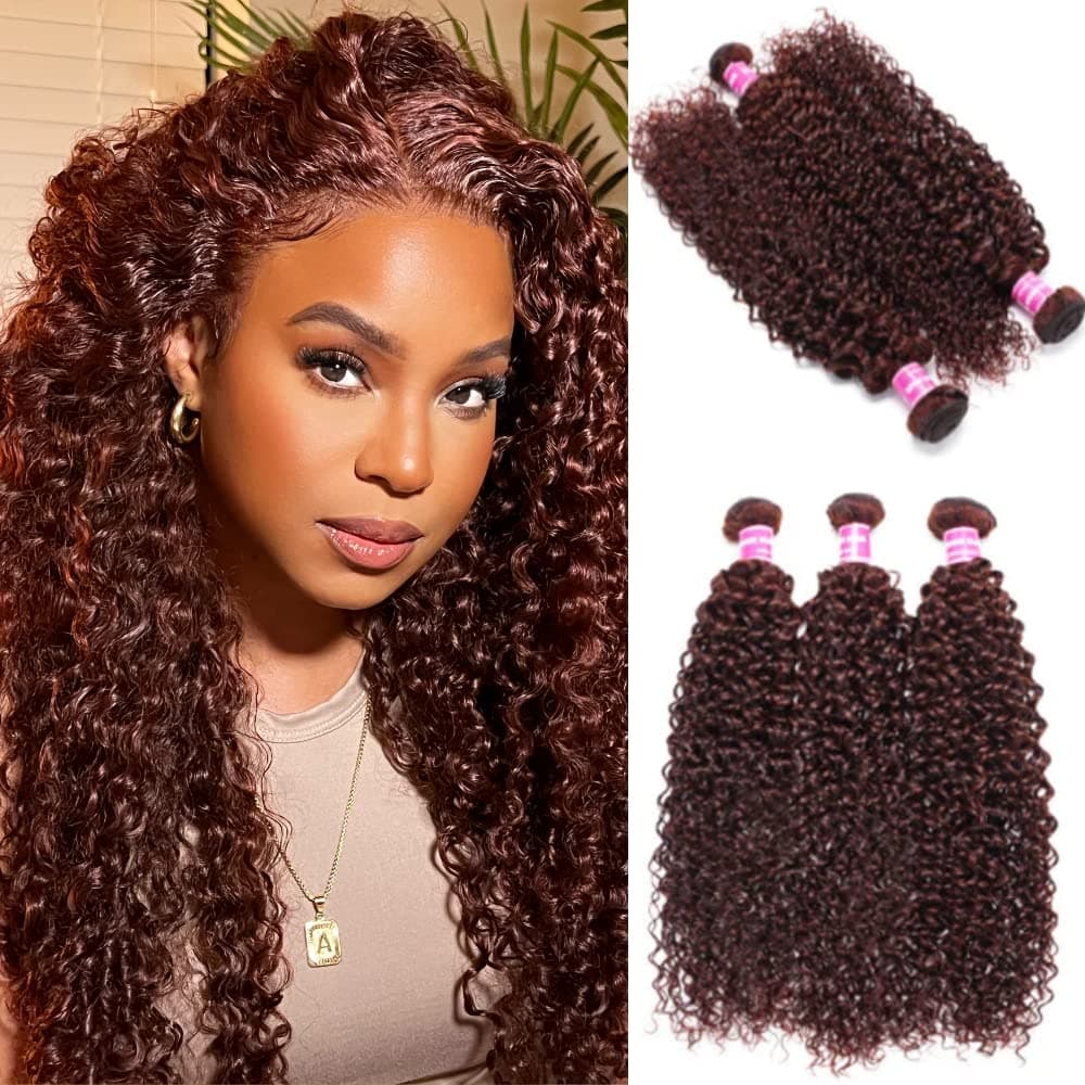 KLAIYI 10A Reddish Brown Curly 3 Bundles Human Hair Weaves 10 12 14Inch, Brazilian 100% Unprocessed Virgin Hair Auburn Brown Copper Red Jerry Curly Remy Human Hair Weave Sew in Extensions 33B Color