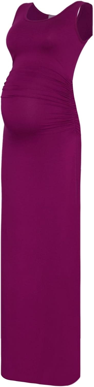 Womens Sleeveless Side Ruched Split Bodycon Maternity Maxi Dress Slim Round Neck Casual Pregnancy Tank Dress