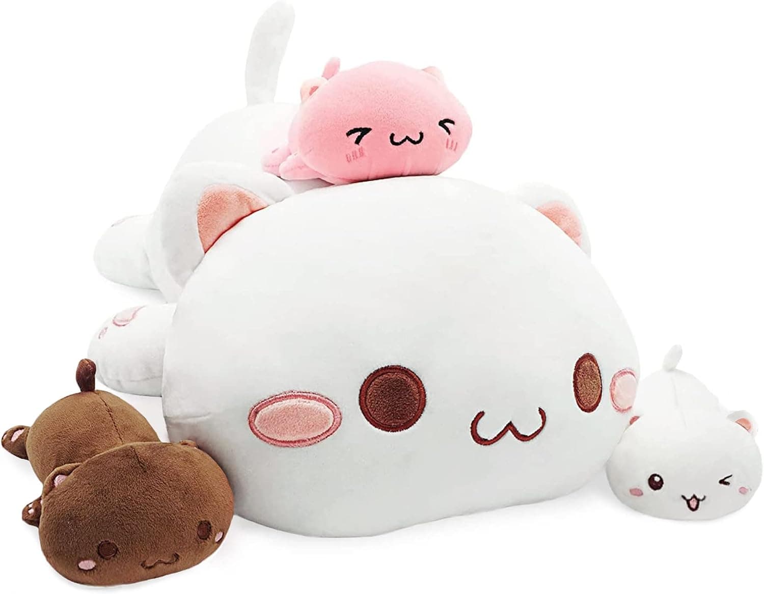Onsoyours Cat Stuffed Animal Mommy 19.7" with 3 Kitty Plushies, 4 Piece of Cute Cat Plush Pillow Toys for Kids Girls Boys (White Cat Family)
