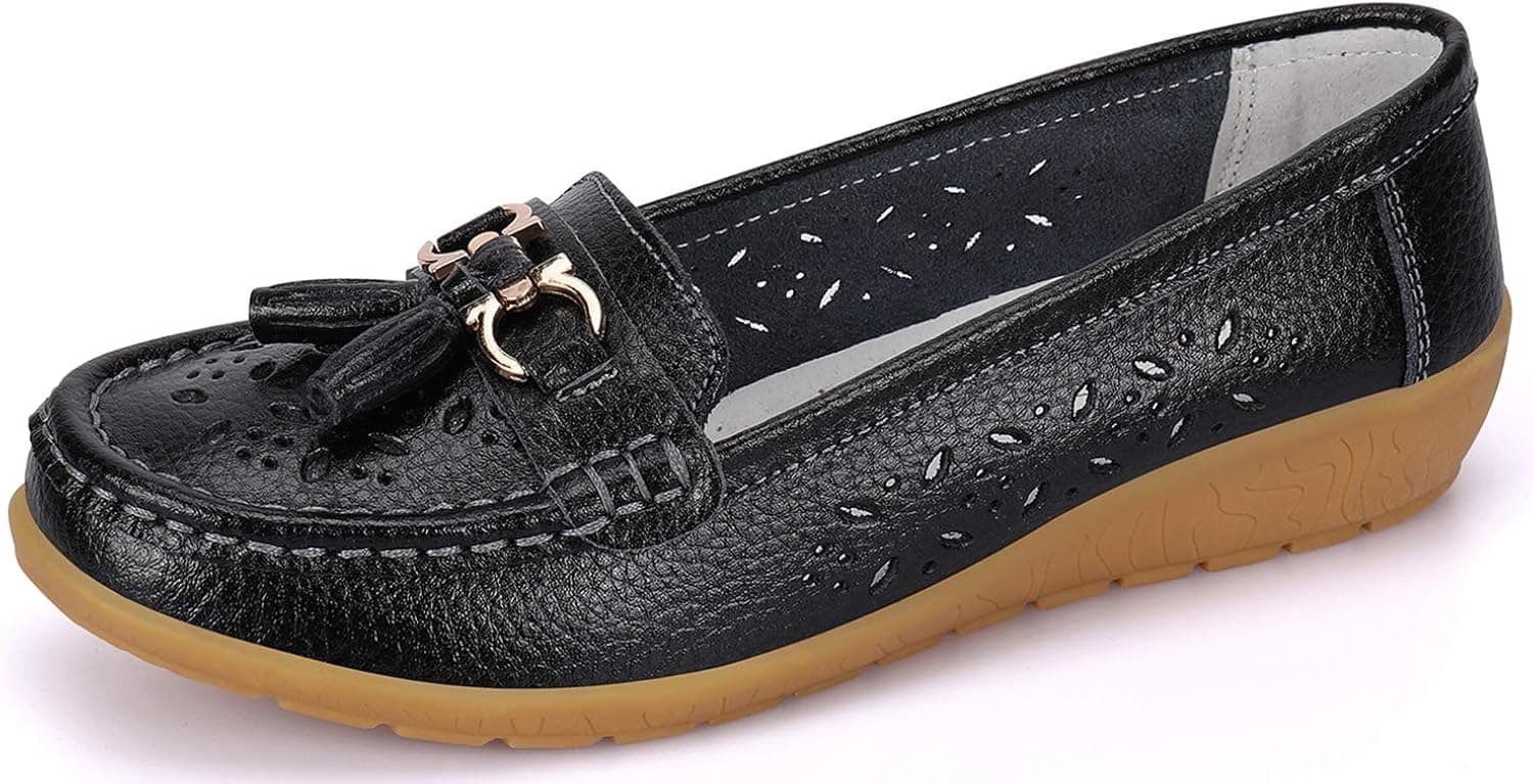 labato Women’s Comfort Leather Casual Flat Driving Loafers Driving Moccasin Shoes(Black-1,10.5)