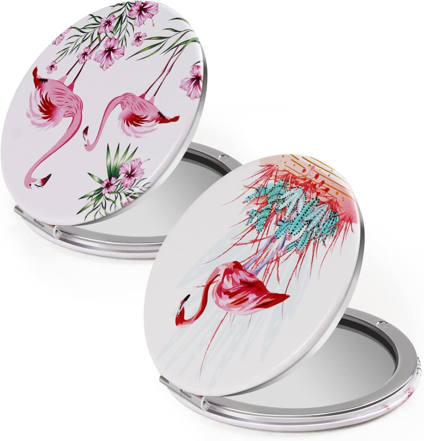 HBTD-SZ Compact Mirror 2 Pack Portable Mirror 1X/2X Magnifying Round Metal Pocket Makeup Mirror（Flamingo）