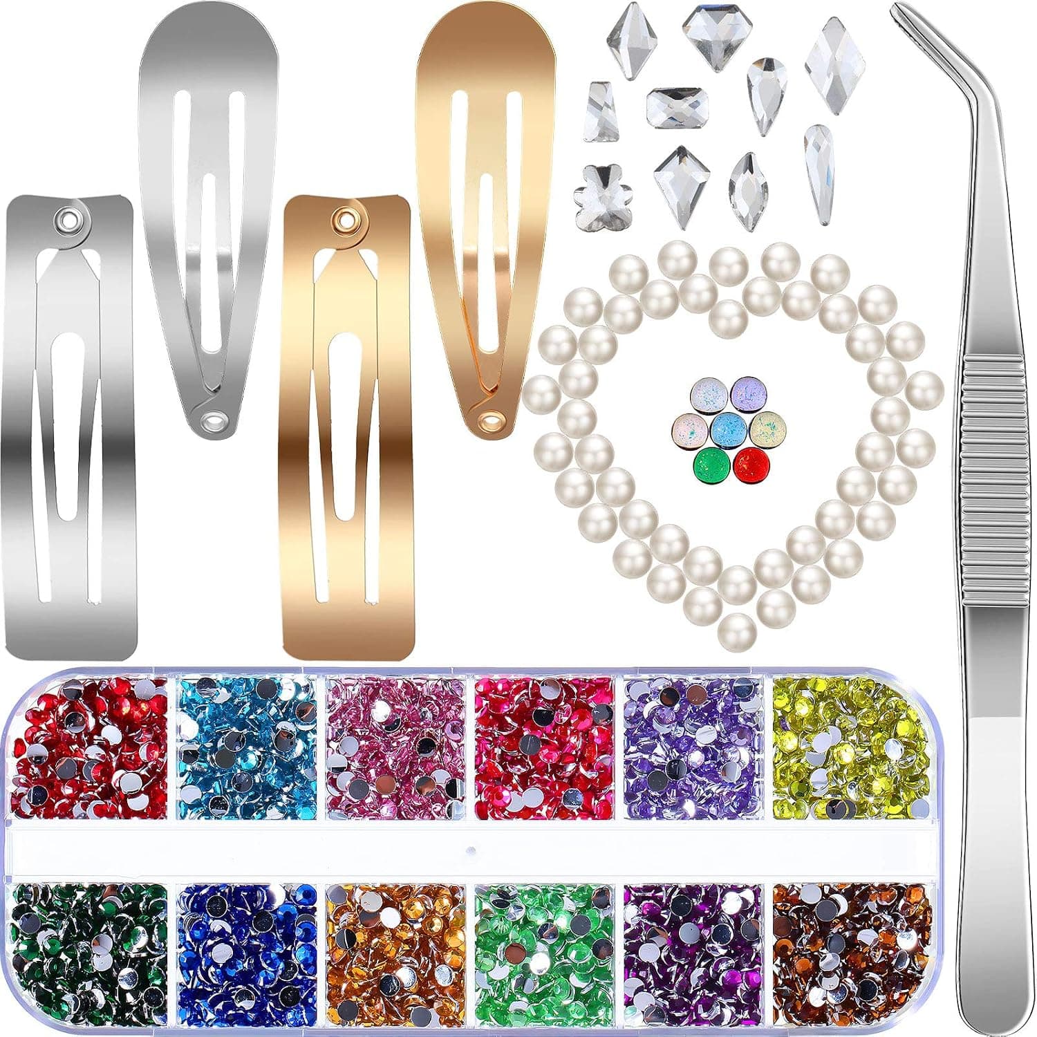 Hair Clip Set, Including Snap Hair Barrette, Half Round Resin Pearl, Colorful Starry Ball Bead, Colored Diamond Rhinestone, Multi-Shape Crystal Rhinestone, Tweezers Tool for Women Lady Girls