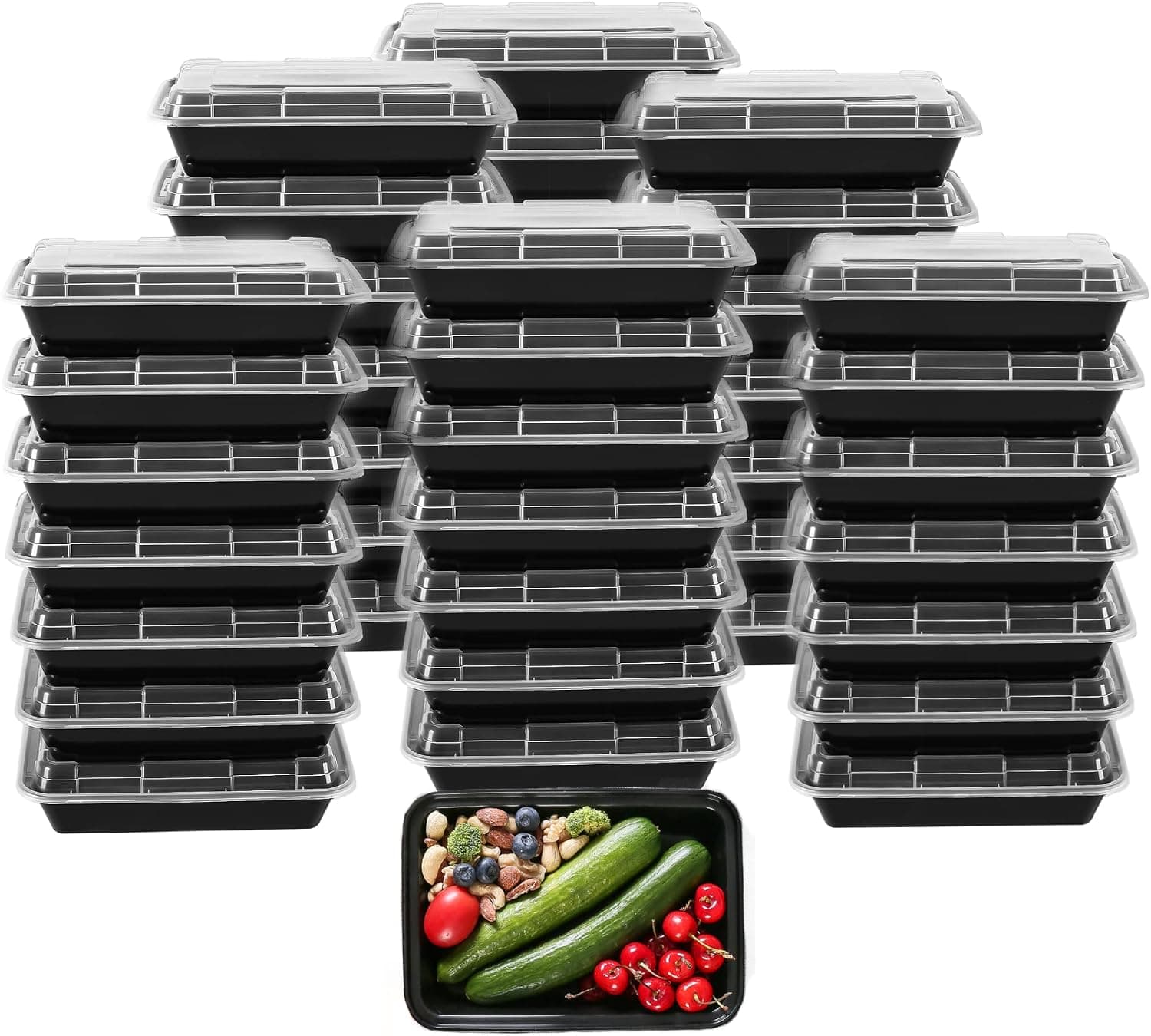 NutriBox 50 Pack Premium Meal Prep Containers with Lids [28 oz] 1 Compartment, Durable, Stackable, Reusable, BPA Free, Microwaveable, Dishwasher, Freezer Safe, Bento Box, Food Storage Set