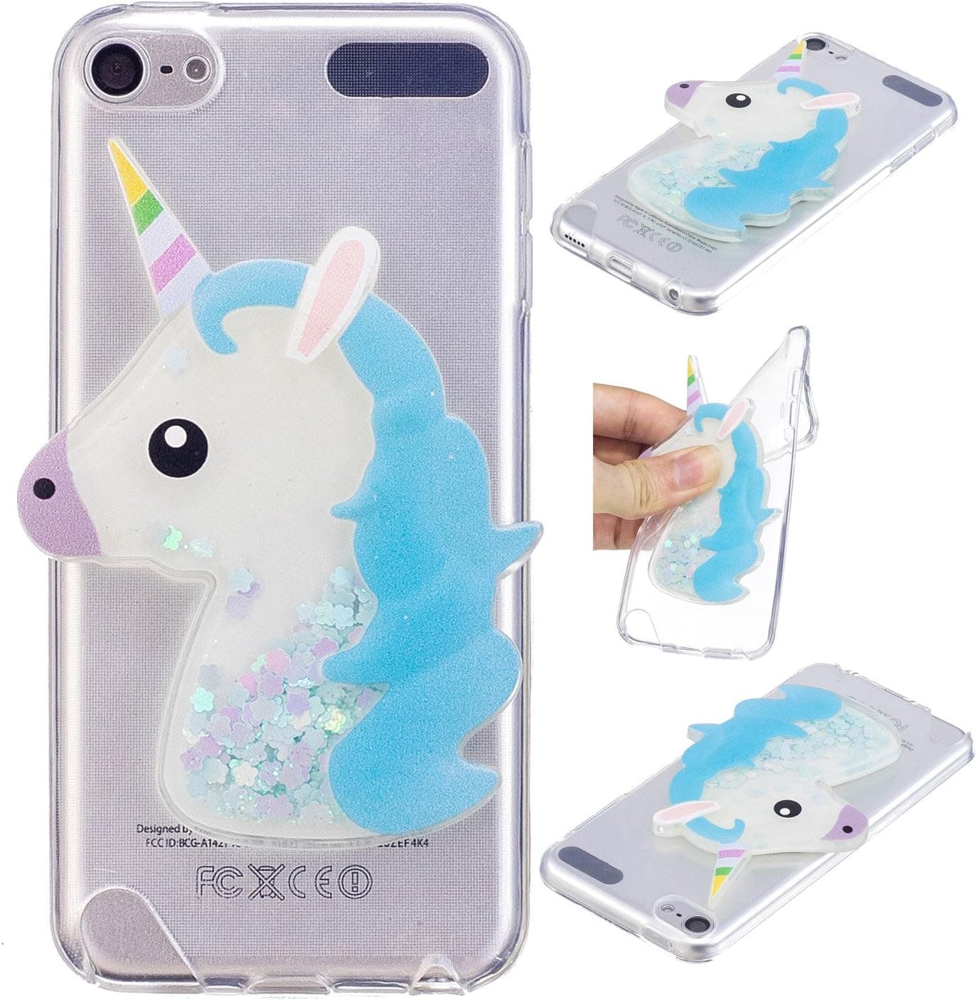 iPod Touch 6 Case, iPod Touch 5 Case, Ranyi [Liquid Glitter Unicorn] [3D Cute Unicorn] Clear TPU Cover + Flowing Floating Liquid Glitter 3D Unicorn Case for Apple iPod Touch 5 6th Generation (Blue)