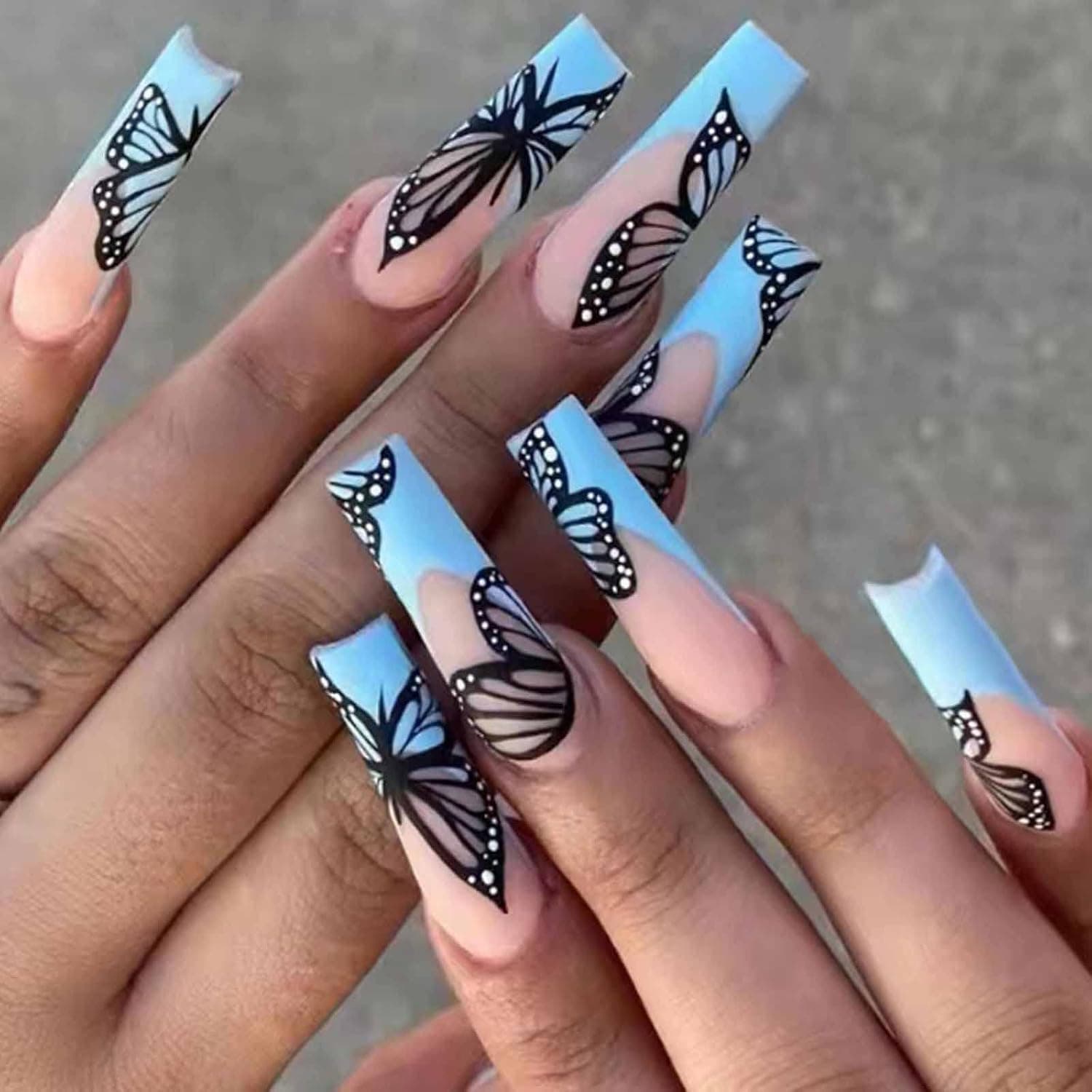 Kamize Long French Press on Nails Blue Acrylic Coffin Fake Nails Butterfly False Nails for Women and Girls 24PCS