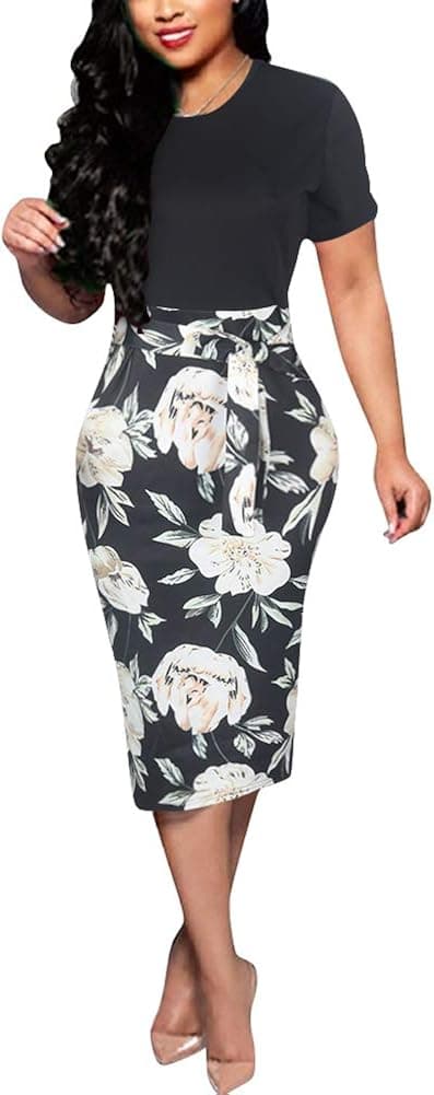 Women's Bodycon Dress Midi Work Casual Floral Prints Pencil Dresses with Belt