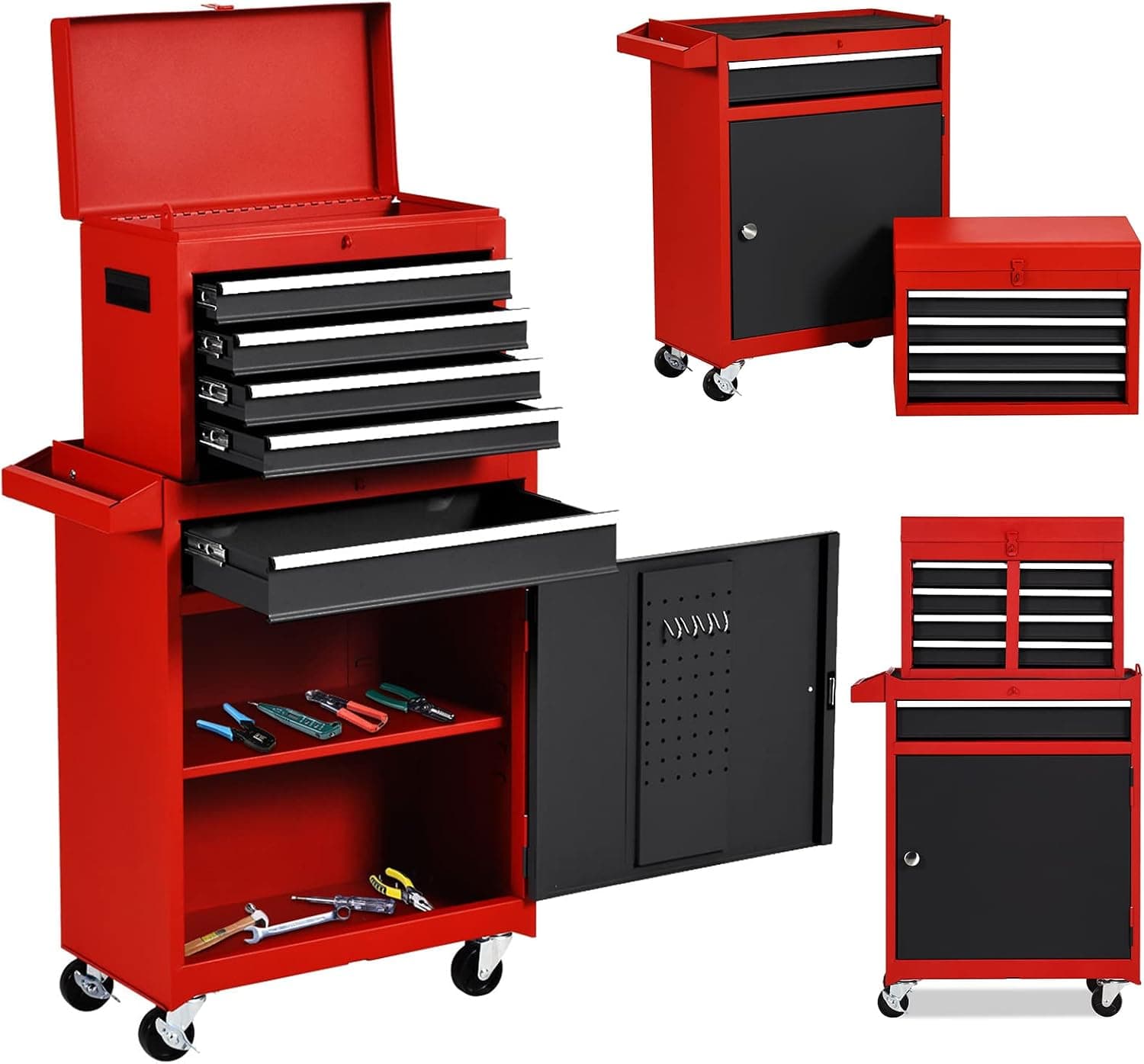 Goplus Rolling Tool Chest, 5-Drawer Tool Box Organizer w/Lockable Wheels & Sliding Drawers & Detachable Top & Adjustable Shelf, Tool Storage Cabinet for Garage Workshop (Red+Black)