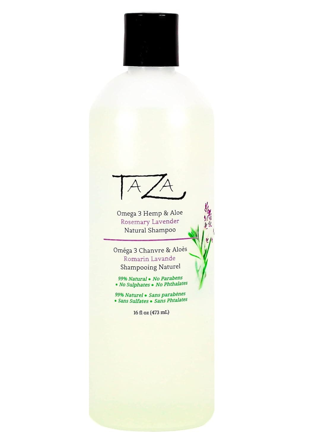 Taza Premium Natural Omega-3 Hemp & Aloe Rosemary Lavender Botanical Shampoo, 16 fl oz For Healthy, Silky Hair Contains: Aloe Leaf Juice, Hemp Seed Oil, Pro Vitamin B5, White Willow Bark