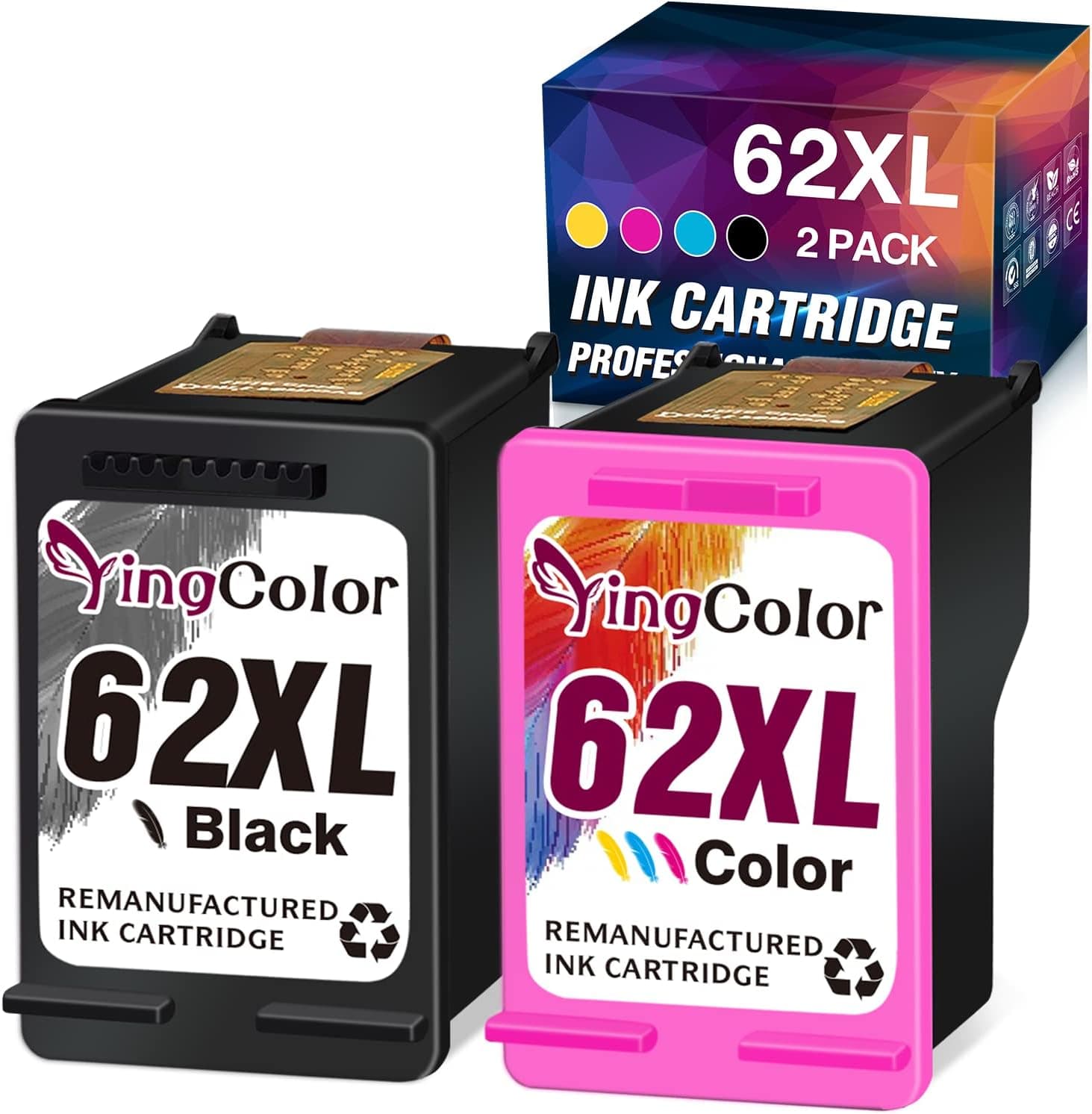YingColor Remanufactured Replacement for HP Ink 62 to use with Envy 5540 5640 5660 7644 7645 OfficeJet 5740 8040 Printer (1 Black, 1 Tri-Color)