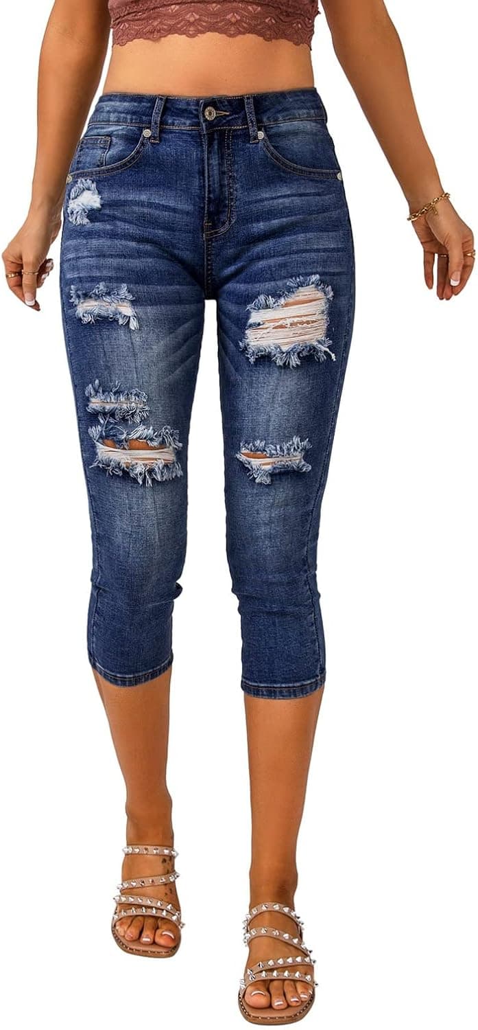 Vetinee Women's High Waisted Casual Ripped Skinny Slim Fit Stretch Denim Capri Jeans