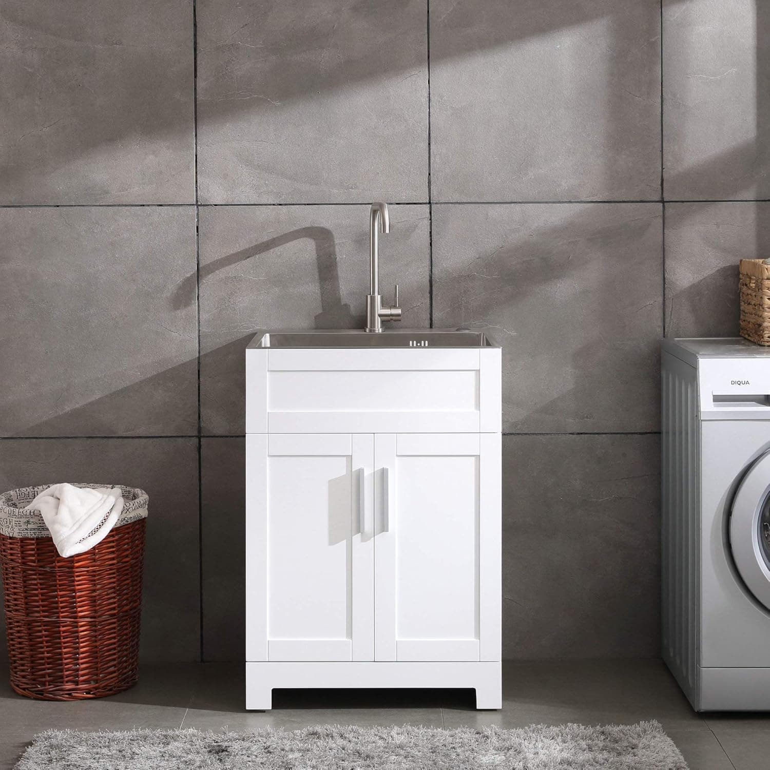 24" White Laundry Utility Cabinet w/Stainless Steel Sink and Faucet Combo