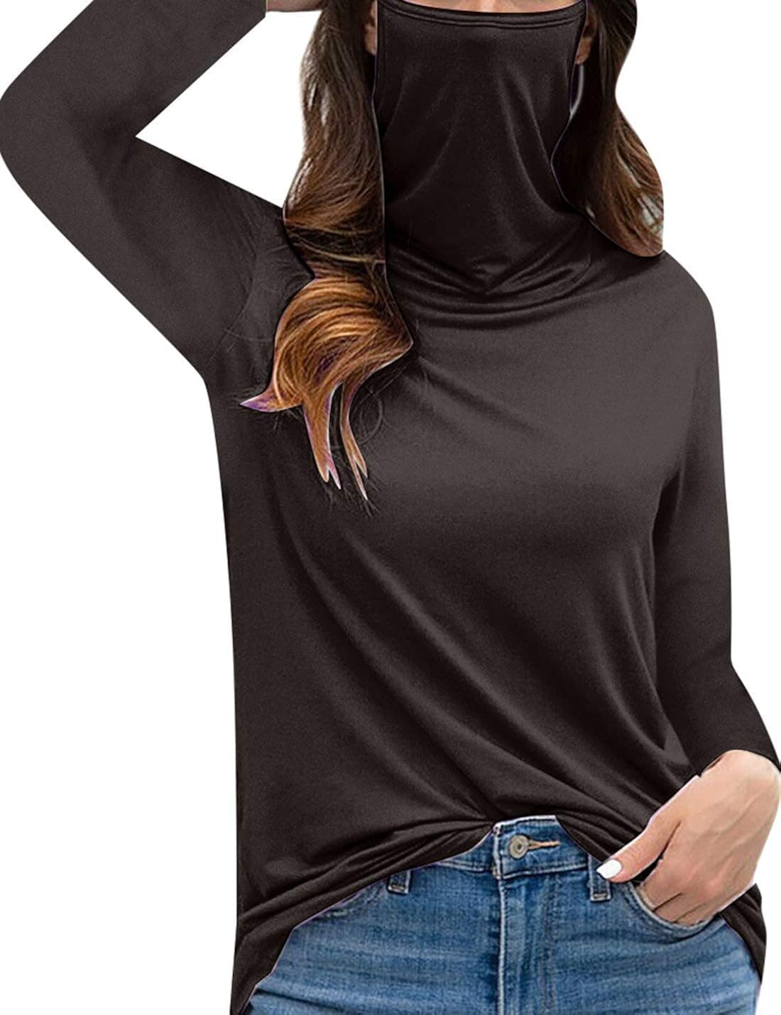 Hooever Womens Loose Fashion Ear Hanging Type Mask T-Shirt High Collar with Mask Blouse（Black-XL）