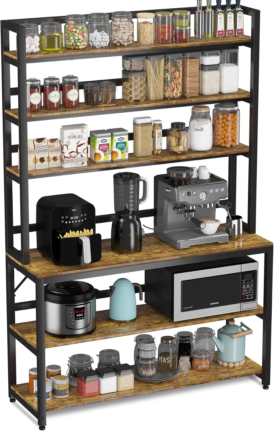 Aquzee Rustic Brown Bakers Racks for Kitchens with Storage, 6 Tiers Kitchen Stand with Hutch, Freestanding Organizer with Shelves