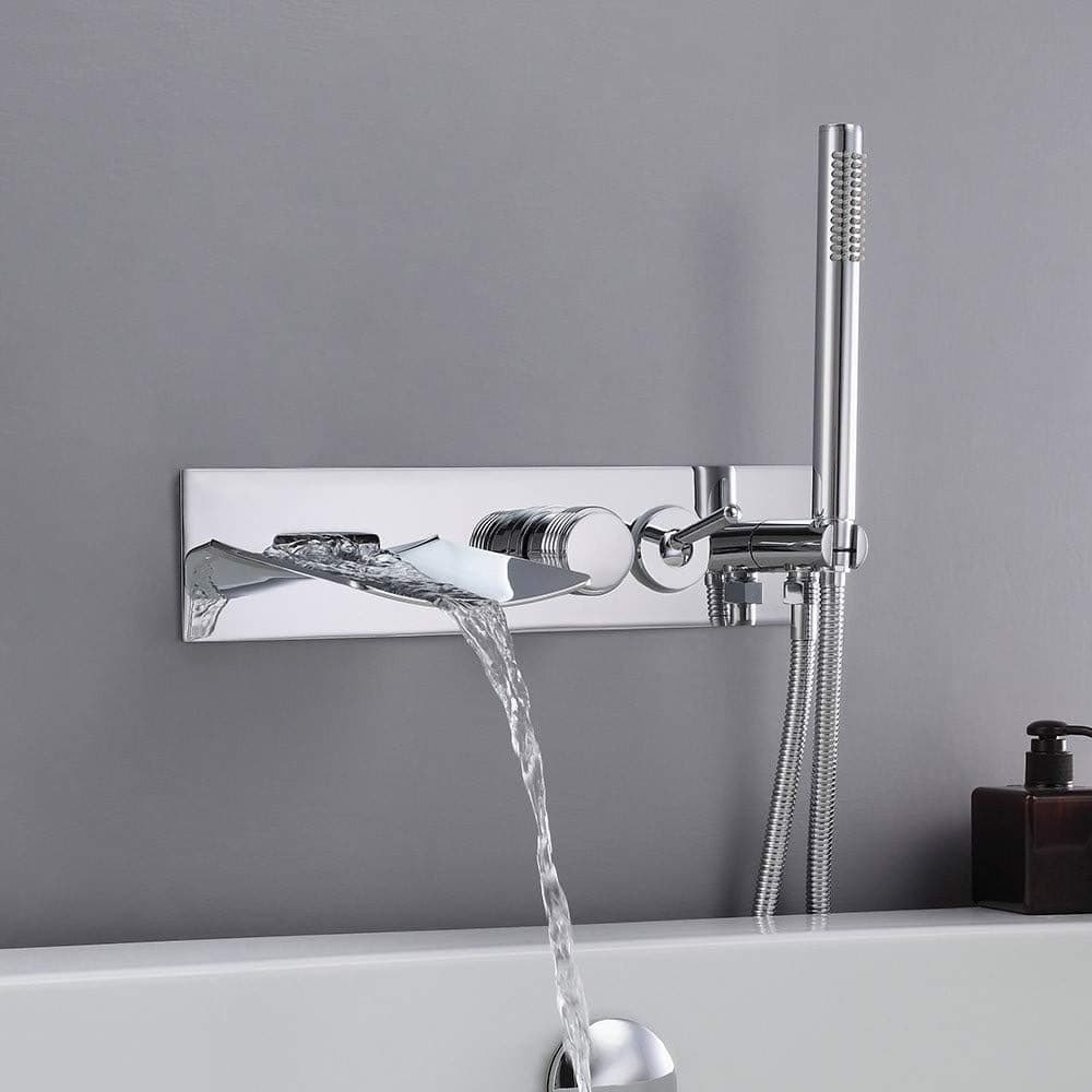 JinYuZe Luxury Chrome Wall Mounted Brass LED Waterfall Tub Filler Faucet With Handheld Shower (Composed of a Waterfall Faucet, Fixed Shower Head and 2 Handle Valve)