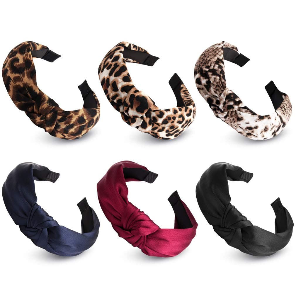 CURASA 6 Pack Wide Headbands for Women, Including 3pcs Elegant Stain Headband and 3pcs Leopard Printed Knotted Headbands Head Hoop Hair Decor Accessories