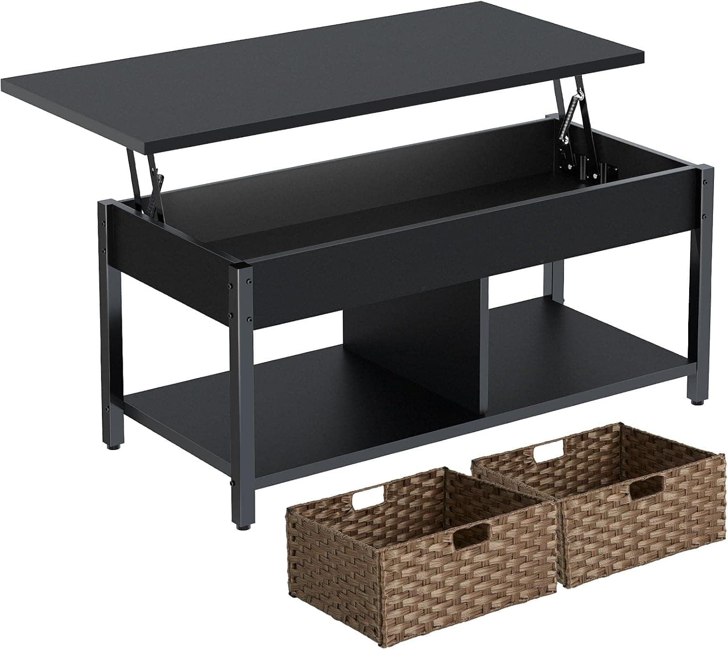 Rolanstar Coffee Table Lift Top, Coffee Table with Hidden Storage Compartment and 2 Rattan Baskets, 41.7" Retro Central Table with Wooden Lift Tabletop and Metal Frame for Living Room, Black