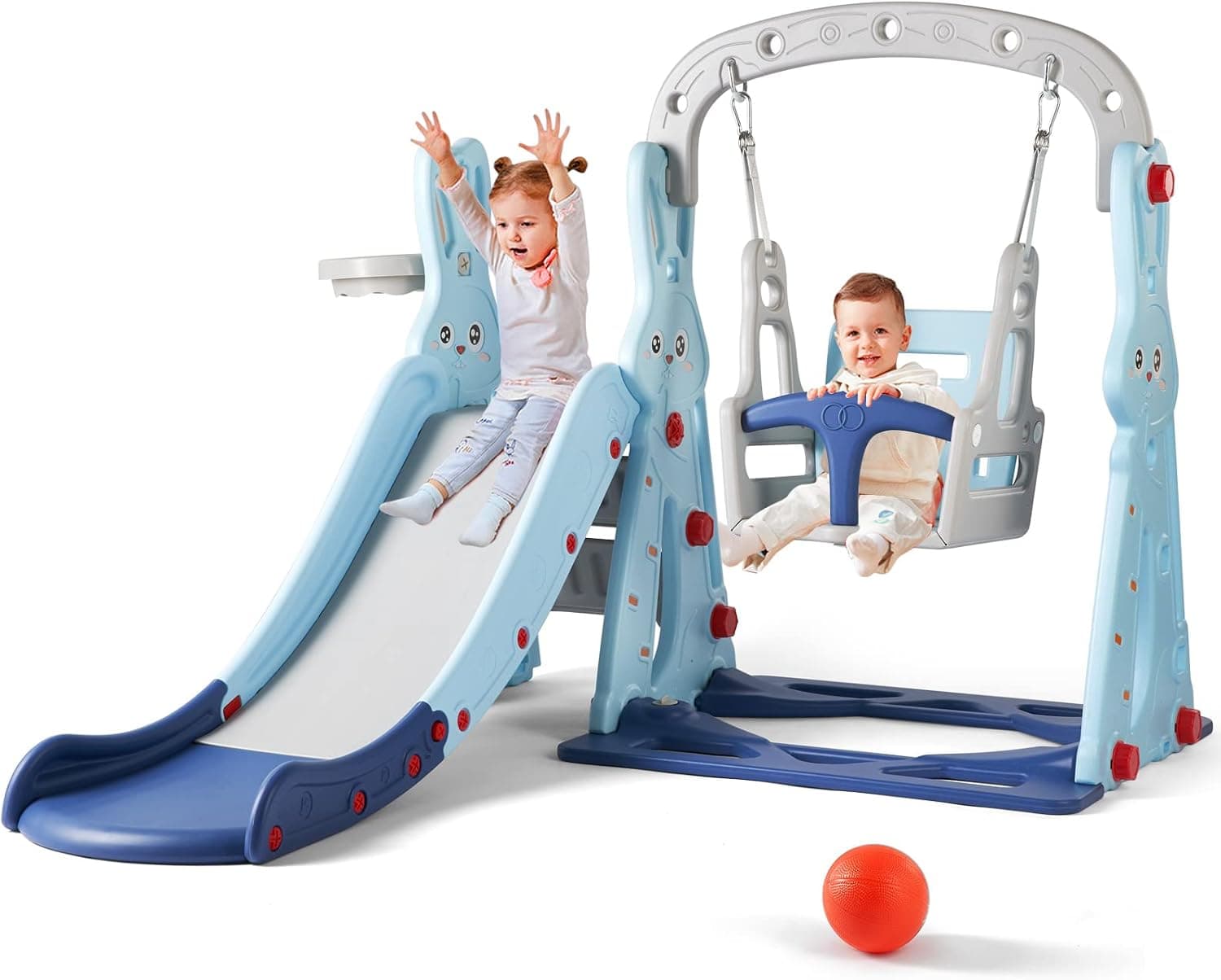 JOYLDIAS 4 in 1 Toddler Slide and Swing Set, Kid Climber Slide Playset w/Safety Belt, Basketball Hoop & Ball, Extra Long Slide, Children Toy Game for Indoor Outdoor Playground Backyard
