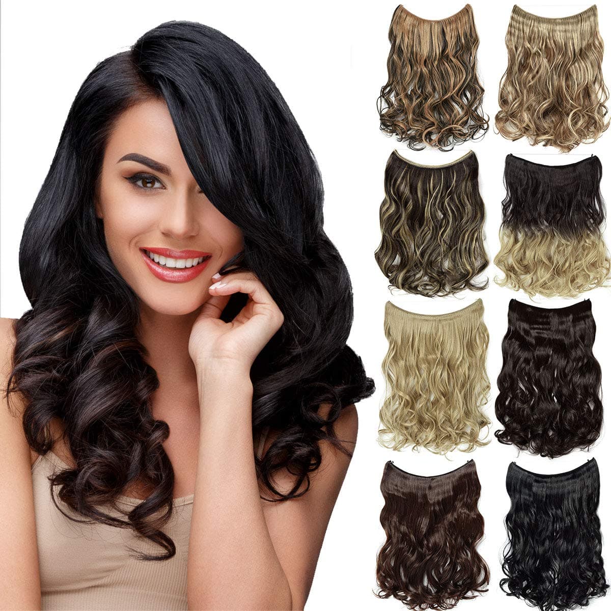 DILUSILK Invisible Wire Hair Extensions Hidden Crown 20" Curly Synthetic Hairpiece for Women (Ash Blonde mix Bleach Blonde)