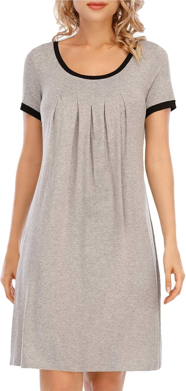 HIOINIEIY Women's Summer Casual Short Sleeve Color Block Pleated Loose Swing Casual Dress Grey L