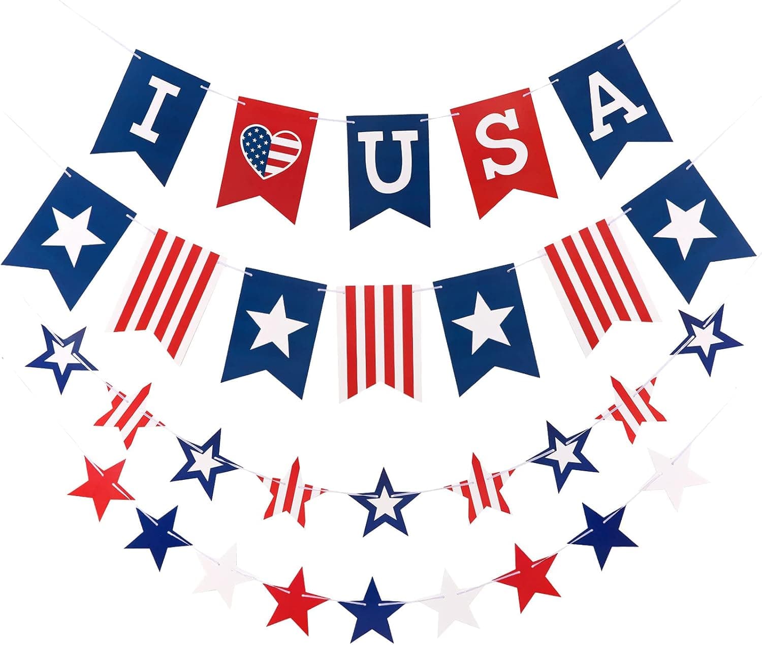Whaline 4th of July Banner 4Pcs Patriotic Stars Stripes Bunting Garland Red Blue White I Love USA Star Bunting Banner No DIY Required Hanging Banner for Independence Day Party Mantle Fireplace