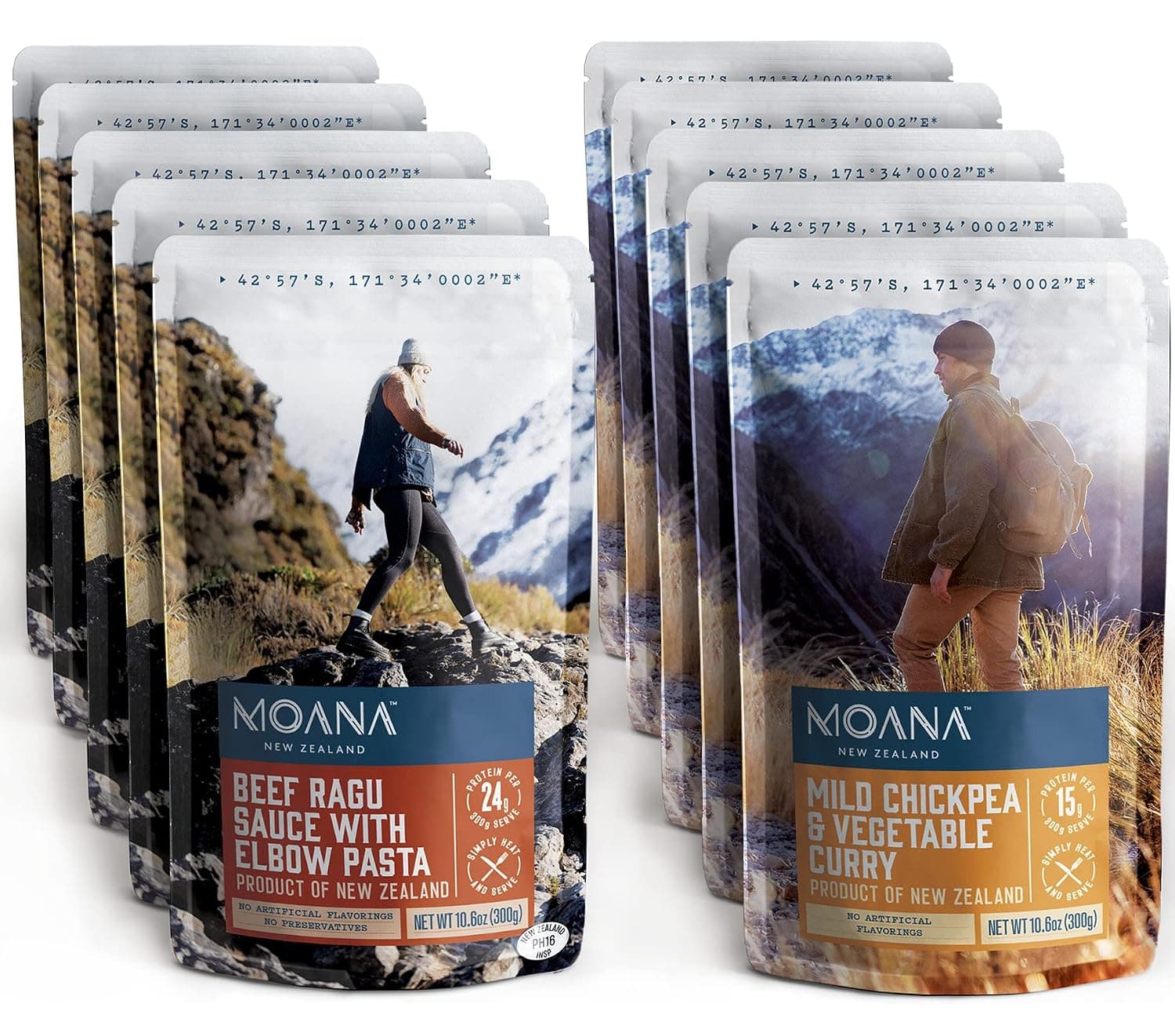Moana Camping Food 10 Pack - Ready To Eat Meals No Refrigeration, 5 Beef Ragu Sauce w Elbow Pasta, 5 Mild Chickpea Vegetable Curry, Emergency Camp Backpacking Food, Adventure Hiking Nutrient Survival