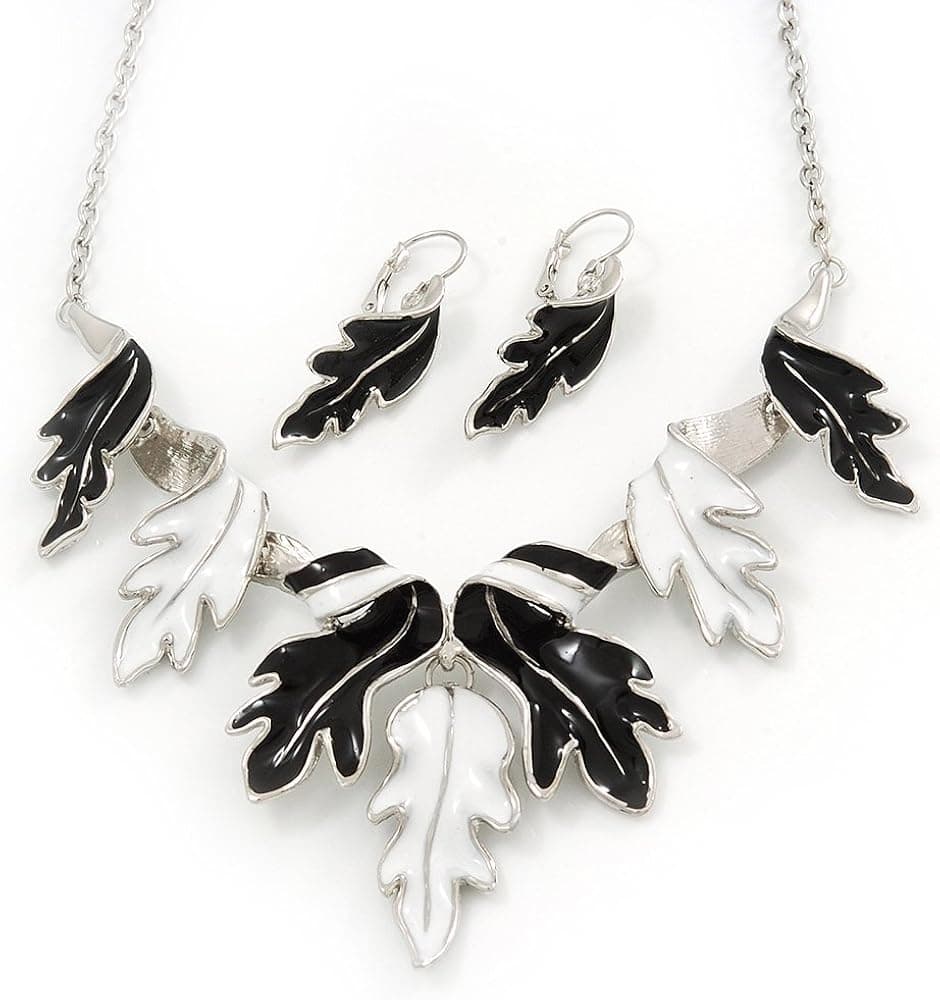 Avalaya Black/White Enamel 'Leaf' Necklace & Drop Earrings Set in Silver Plating - 40cm Length/ 6cm Extension