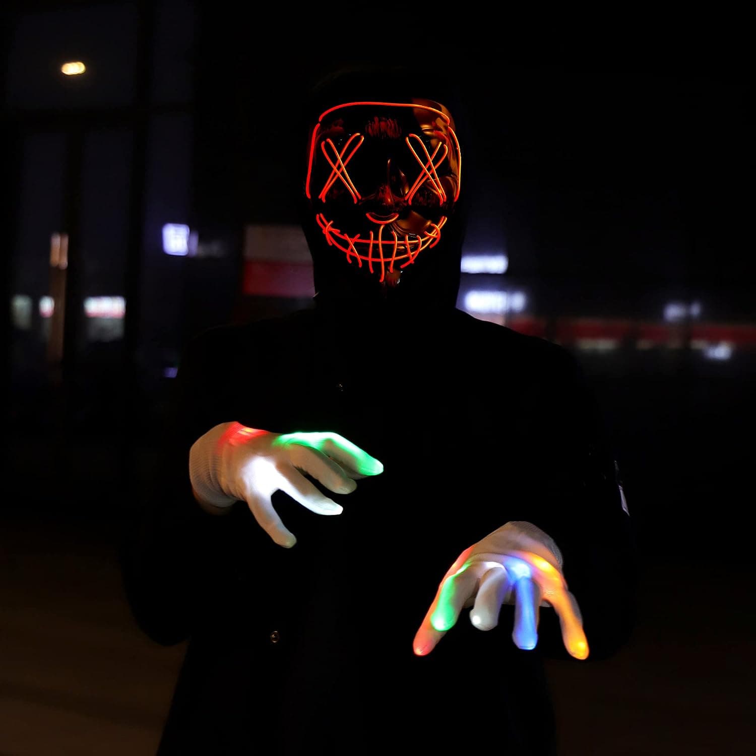 FiGoal 2IN1 Led Halloween Scary Mask with Light Up Gloves Halloween Cosplay Costume