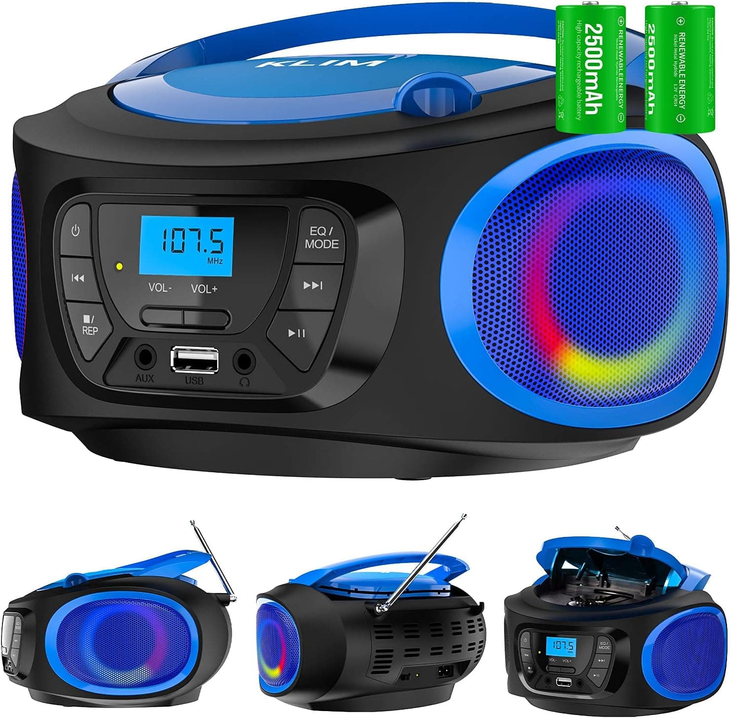 KLIM Boombox Portable Audio System - New 2023 - FM Radio CD Player Bluetooth MP3 USB AUX - Includes Rechargeable Batteries - Wired & Wireless Modes - Compact and Sturdy - Blue