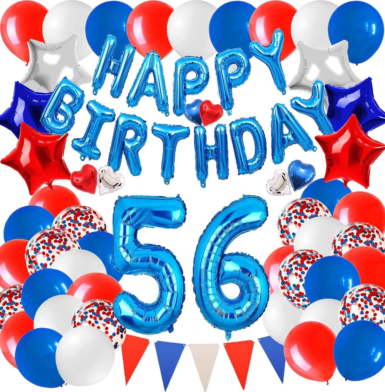 Nat-Color 56th Blue and Red Birthday Party Decorations Set- Blue Happy Birthday Banner,Foil Balloons Number 56, Latex Balloons and more for 56 Years old Brithday Party Supplies