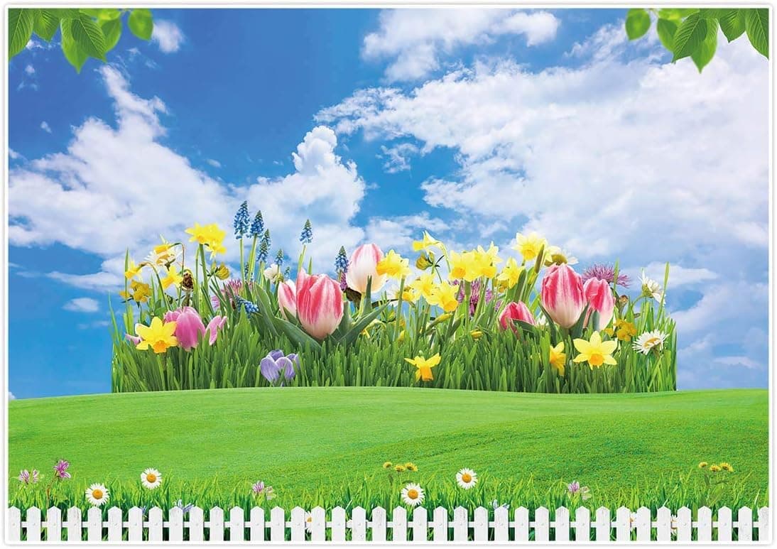 Allenjoy Spring Blue Sky Landscape Backdrop Easter Grassland Clouds Floral Wall Decor Banner Kids Birthday Photography Background 7x5ft Nature Scene Tulip Wedding Party Photo Booth Video Studio Props